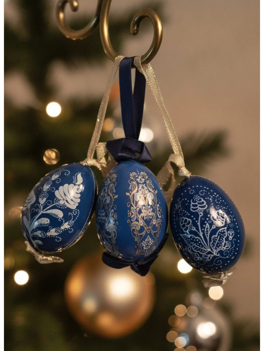 Set of 3 Hand Painted Blue Lacquer Hanging Egg Ornaments Vintage Folk Art